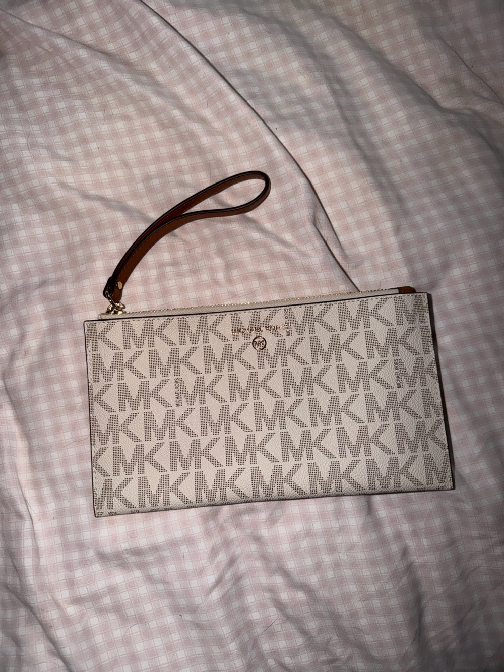 Michael Kors Beige Logo Wristlet Clutch with Brown Strap
